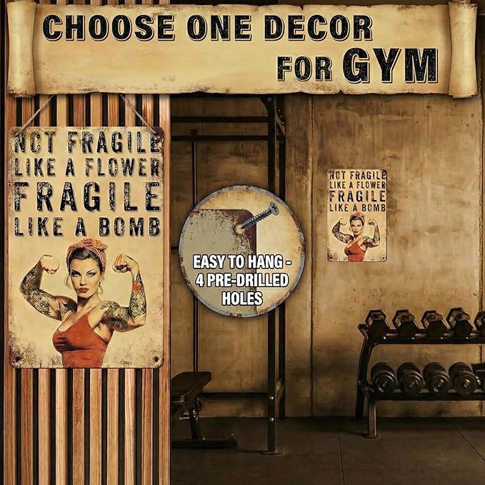PEACHGARDEN Home Gym Decor Girl Gym Signs Not Fragile Like a Flower Fragile Like a Bomb Fitness Wall Decor Motivational Workout Poster Metal Tin Sign for Home Bar Pub 8x12 Inch