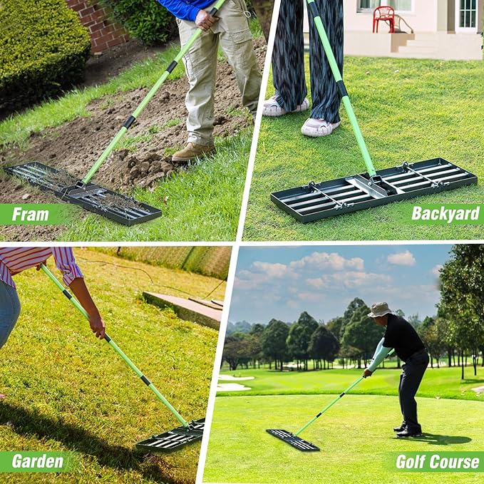 Lawn Leveling Rake 30x10 inch,Stainless Steel Lawn Leveler with Green Positioning Stakes,78" Adjustable Long Handle,Heavy Duty Level Lawn Tool for Backyard, Garden, Golf Course, Farm, Pasture