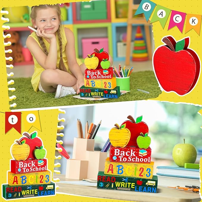 Geelin 4 Pcs Back to School Wooden Decor Apple Tiered Tray Decor Mini Wood Book Stacks Pencil Decorative Books Rustic Farmhouse Signs with Tag for Tiered Tray First Day of School Students