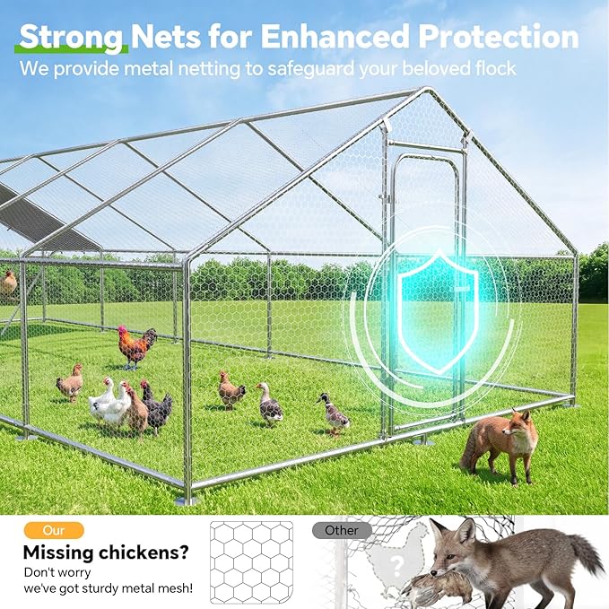 Large Metal Chicken Coop with Roosting Perch, Waterproof and UV Protection Cover, Chicken Run Outdoor Walk-in Cage Chicken Rabbit Duck Hen House, Spire Roof (10'W x 32.8'L x 6.4'H)