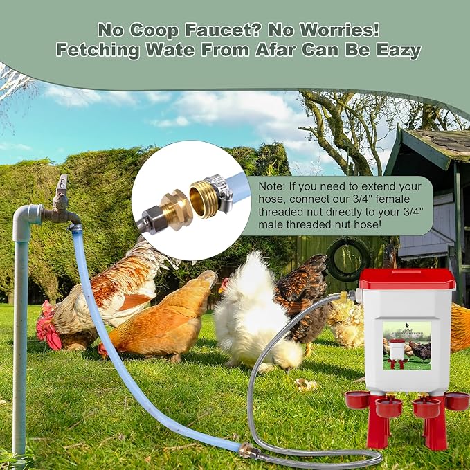 Automatic Chicken Waterer, Float-Controlled Chicken Water Feeder, Large Watering System with 60 Inch Water Hose (One End 3/4''), Poultry Waterer for Duck Quail Turkey Chick (2 Gallons, Red)