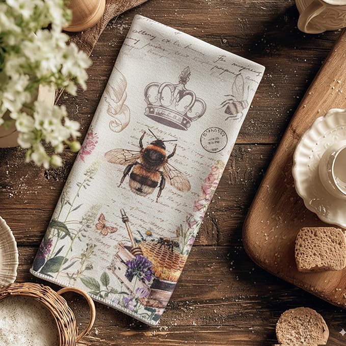 4 Pcs Vintage Garden Nature Kitchen Towels Dish Towels, Decorative Bird Bunny Dragonfly Bee Design, 27.5x20 Inch Farmhouse Absorbent Decoration Hand Towels (Garden)