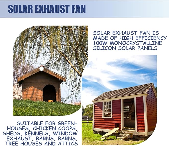 ZJchao 100W Solar Fan, 13.5inch Solar Fan for Chicken Coop, Solar Exhaust Fan with Cable Bracket for Greenhouse, Pet House, Chicken Coop, Tree House and RV