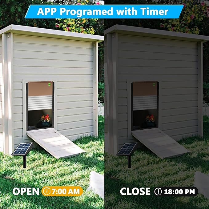 Automatic Chicken Coop Door APP Controlled, Solar Powered Chicken Coop Door Opener with Programmable Timer, 10M Remote, Light Sensor, USB Rechargeable, Anti-Pinch, Auto Chicken Doors