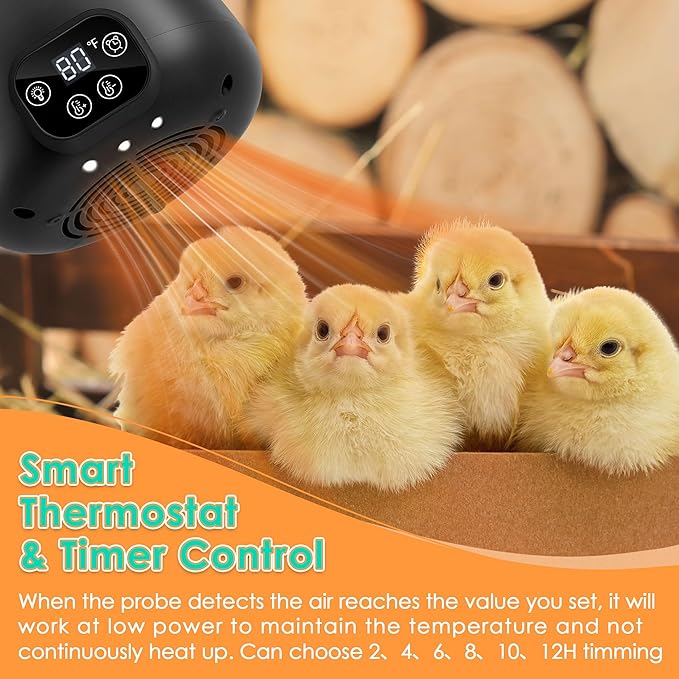 Enhon Chicken Coop Heater with LED Lighting, Adjustable Temperature, Timer & Safety Features – 5 Ft Long Cable Chicken Coop Heating Lamp Perfect for Small Animals and Reptiles(1 Pack)
