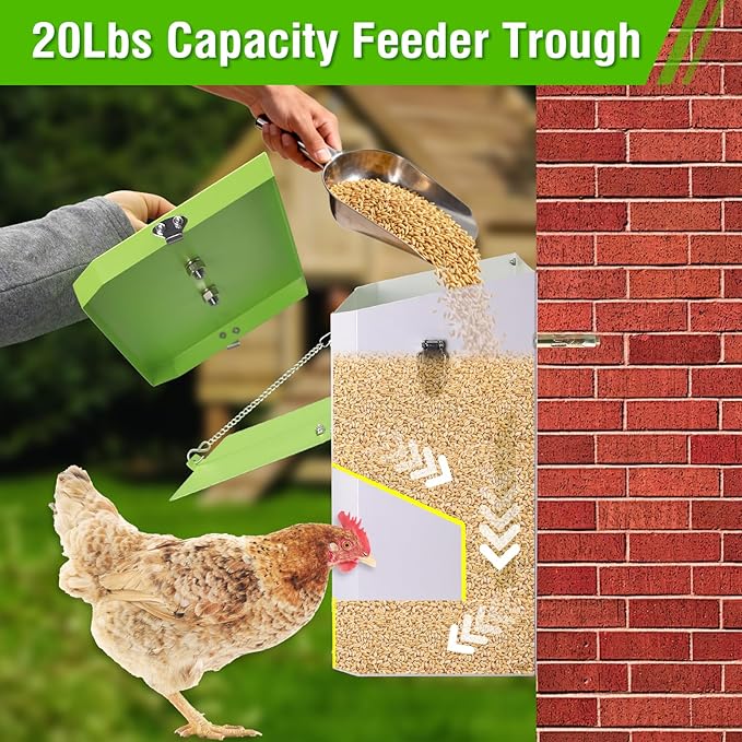 Hanging Chicken Feeder No Waste,20LBs Metal Chicken Feeder with Rainproof Cover & Lockable Flip-Door,Wall-Mount Heavy Duty Feeder for Chicken Coop and Outdoor Use