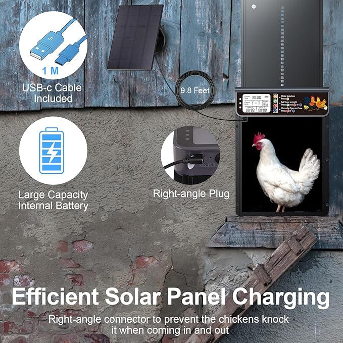 Automatic Chicken Coop Door Solar Powered, LCD Display Automatic Chicken Door with Timer & Light Sensor, Solar Chicken Coop Door with Remote Control, Anti-Pinch Function and Made of Al-Alloy