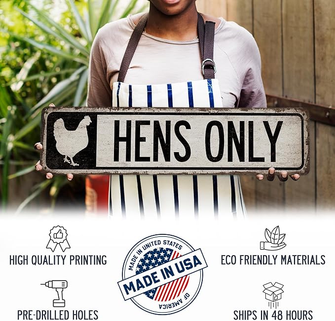 Chico Creek Signs Hen Only Chicken Coop Sign - Made In USA - Aluminum Composite 4"x18" Premium Rustic Chicken Decor Outdoor Sign