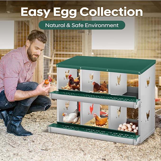 Nesting Boxes for Chickens, 6 Compartments, Nesting Boxes with 4 Dummy Eggs and 10 Dampproof Pets Mats, Green, Stainless Steel, Wall-Mountable & Roll Away Design
