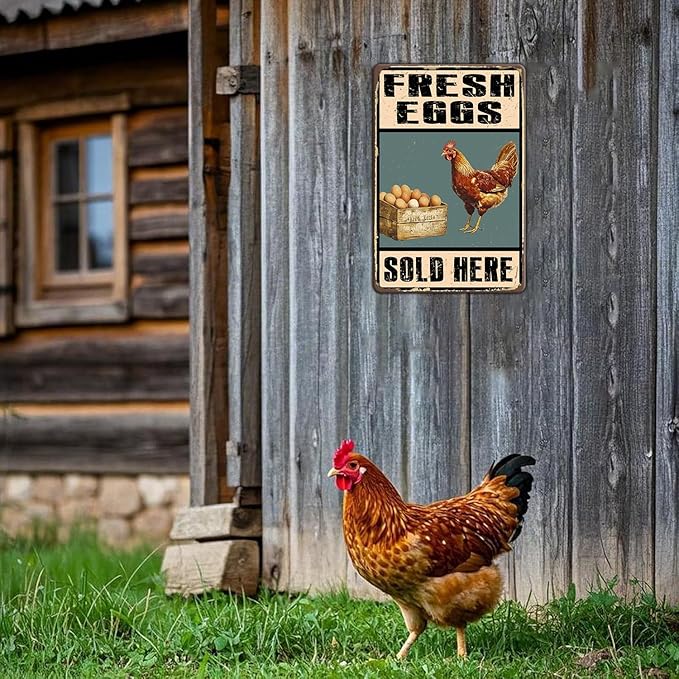 Rustic Farm Fresh Eggs Sold Here Tin Signs Vintage Country Chicken Hen Rooster Egg Metal Sign Funny Chicken Coop Metal Poster 12x8 Inch