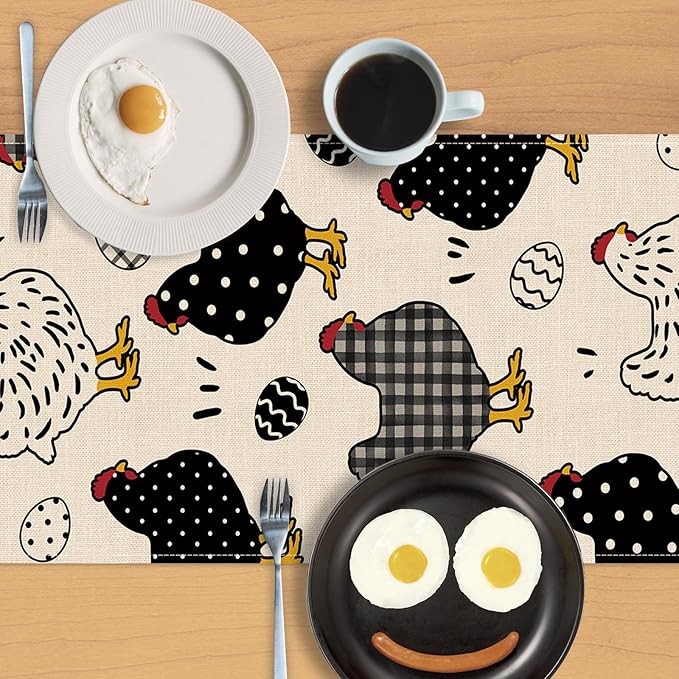 Seliem Chicken Hen Table Runner, Black White Eggs Plaid Polka Dots Farm Kitchen Dining Table Decor, Spring Farmhouse Burlap Home Decoration Indoor Outdoor Party Supply 13 x 72 Inches