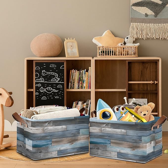 Vintage Wood Grain Storage Baskets,Barn Wooden Foldable Large Capacity Organizer Bins with Waterproof Lining and Leather Handles for Closet,Shelf,Bedroom 17x11.5x10Inch