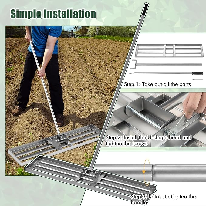 Happygrill Lawn Leveling Rake, Heavy Duty Lawn Level Tool for Soil w/67” Handle, Dirt Ground Leveler, Effort-Saving Landscape Rake for Garden, Backyard, Golf Course, Farm, Pasture (46" x 10", Silver)