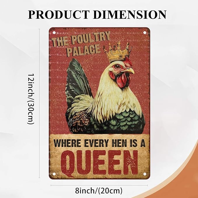 Funny Chicken Metal Tin Sign Where Every Hen Is A Queen Vintage Sign for Wall Art Decor for Home Farm Chicken Coop Farmhouse Kitchen Garden Decor 8X12Inch
