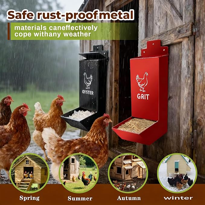 2-Pack Metal Chicken Grit Feeder & Oyster Shell Feeder with Lid-Heavy Duty Hanging Automatic Gravity Poultry Feeder-Chicken Coop Accessories-No Waste Feeders for Hens, Ducks, Quail