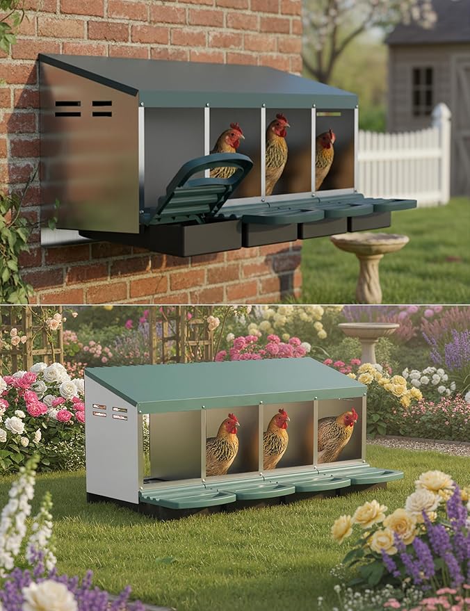 Chicken Nesting Boxes with Cleanable Pull-Out Trays - 4 Hole Metal Rollaway Nest Box for Laying Hens, Wall Mount or Placed Design for Easy Egg Collection & Cleaning