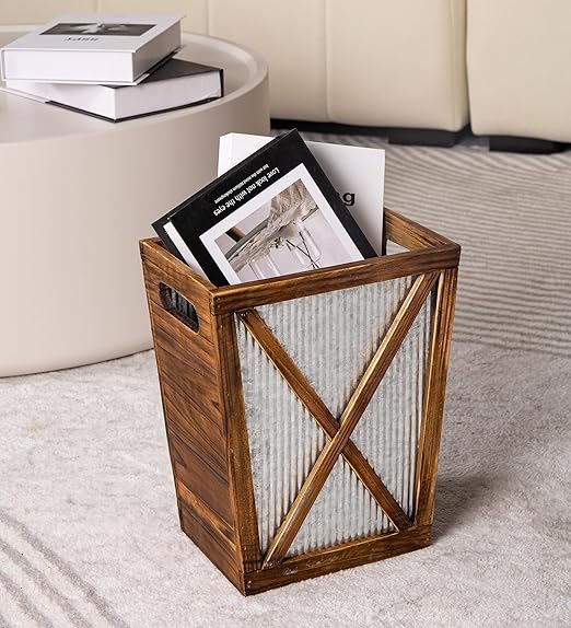 Small Wood Trash Can Wastebasket, Decorative Barn Door Garbage Can Waste Basket, Rustic Distressed Rectangular Trash Bin, Farmhouse Wooden Storage Basket Waste Paper Bin (Brown)
