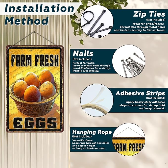 Vintage Farm Chicken Metal Sign Fresh Eggs Metal Poster Home Bathroom Kitchen Farmhouse Garden Coffee Retro Aluminium Sign Art Wall Decor Plaque 12x8 Inch
