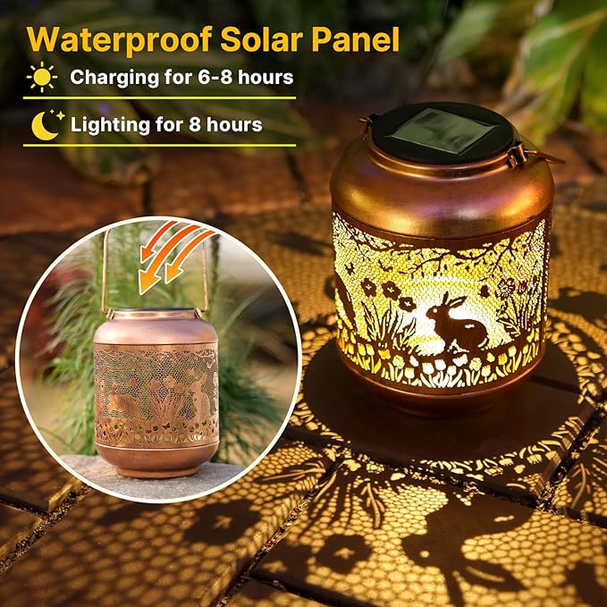 2Pack Rabbit Solar Lanterns Outdoor Waterproof Hanging Solar Lights Bunny Gifts for Women Mom Grandma Metal Decorative LED Lantern Outside for Garden Decor,Yard,Patio,Lawn,Porch,Backyard,Pathway