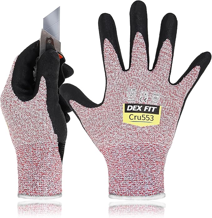 DEX FIT Level 5 Cut Resistant Gloves Cru553-3D Comfort Fit, Power Grip Foam Nitrile, Touchscreen, Thin & Breathable - Durable Safety for Mechanic, Glass, Metal; Red, S (7), 1 Pair
