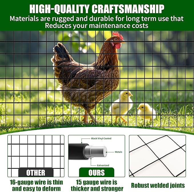 36 in x 50 ft Welded Wire Mesh Fence, 2 in × 3 in 15GA Black PVC Coated Garden Fencing Roll, Dog Barrier for Vegetable Yard, Poultry Netting,Heavy-Duty Border Fencing