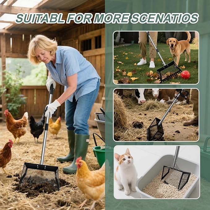 10" Chicken Poop Scooper & Rake Pooper Scooper Head for Sand Chicken Litter Scoop with Handle Litter Sifting Shovel with 29" to 56" Adjustable Handle Chicken Coop Accessories Tool for Clean