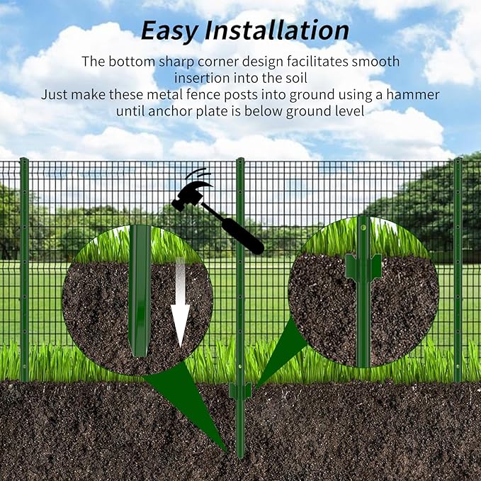 Fence Posts 4 Feet, Pack of 10, 3-4-5-6-7Ft Heavy Duty Garden Metal Steel Fence Post with U-Channel, No Dig Steel U Post Fencing for Lawn, Garden