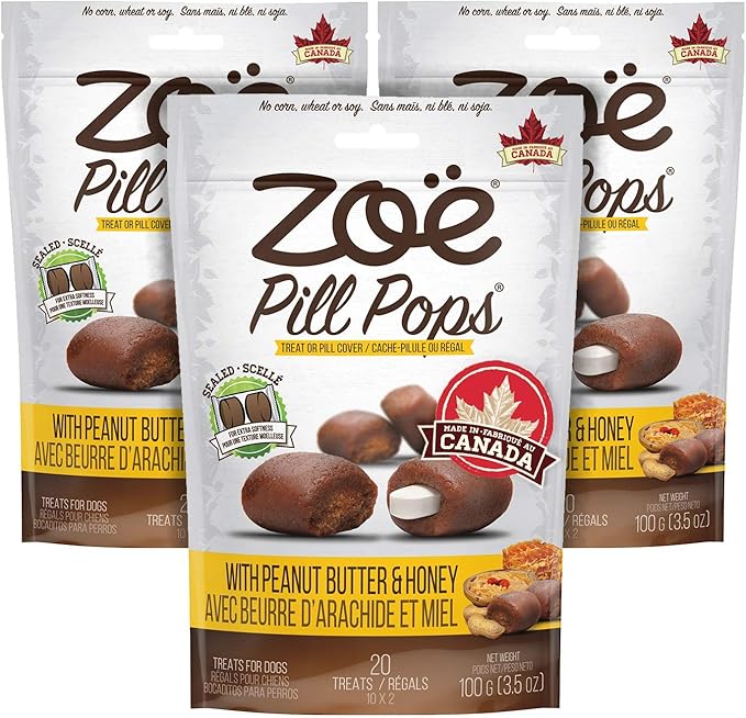 Zoe Zoë Pill Pops for Dogs, Peanut Butter with Honey Recipe, 3 Pack - All Natural Healthy Dog Treats to Hide Medication