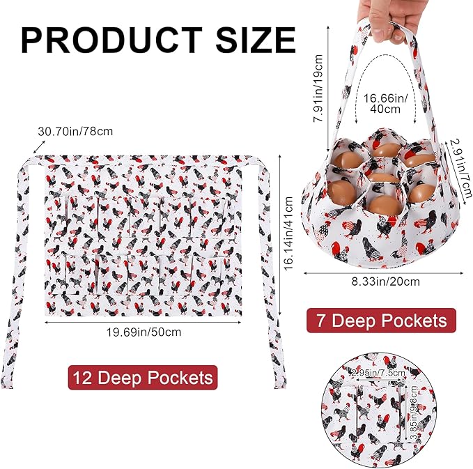 Egg Collecting Apron and Basket, 12 Pouches Chicken Egg Apron, 7 Pouches Chicken Eggs Basket, Collector Chicken Eggs