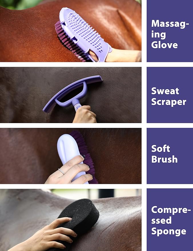 11-Piece Professional Horse Grooming Kit with Waterproof Tote Bag, Non-Slip Silicone Grip Brush Set, Curry Comb, Hoof Pick & Mane Comb Sugar Taro
