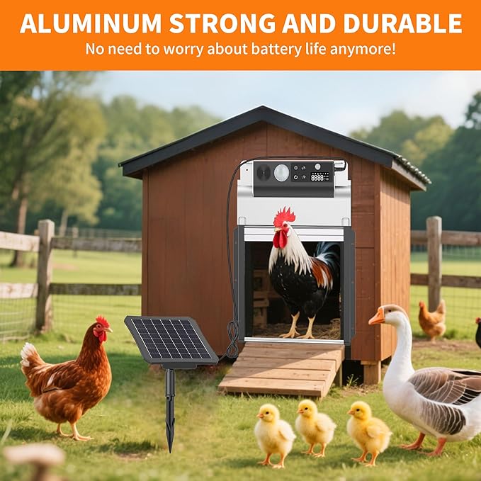 TIANMU Automatic Chicken Coop Door, Solar Powered Chicken Coop Door with Timer & Light Sensor, Automatic Chicken Door Intelligent Anti-Pinch Function & 4 Modes & Remote Control Chicken Door