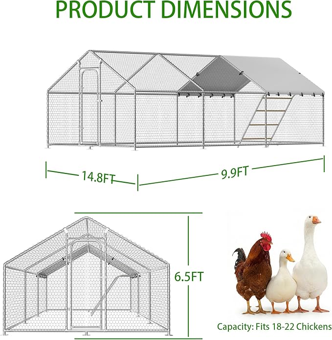 Large Metal Chicken Coop with Waterproof and UV-Resistant Cover,Chicken Run Outdoor Walk-in Cage Rabbit Duck Hen House for Yard Farm Use Spire Roof(10' L x 14.8' W x 6.4' H)