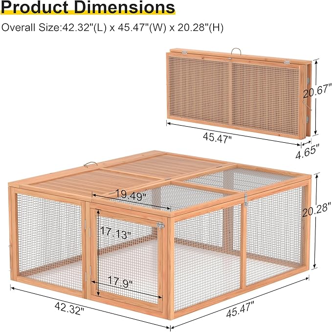 Chicken Coop Run Rabbit Cage No Assembly Portable Chicken Run Bunny House with Top & Side Opening Doors,Outdoor Small Animal Playpen Wooden Chicken Brooder Box Guinea Pig Cage 45"x 42"x 20"