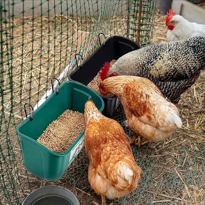 9 Pack Chicken Duck Feeder Waterer Hanging Goat Feeder Trough 2.5 Quart Livestock Feeding Trough with Scoop & Brush for Pig, Poultry, Fence Feeding, 22.5 Quart Total (Green,Black)