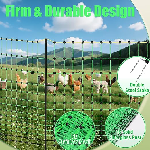 48" x 164' Electric Chicken Fence, Electric Poultry Netting for Chicken, Duck and Goat, Portable Anti-Predator Electric Fencing in Farms, Ranches, and Gardens (16 Posts, 2 Spikes)