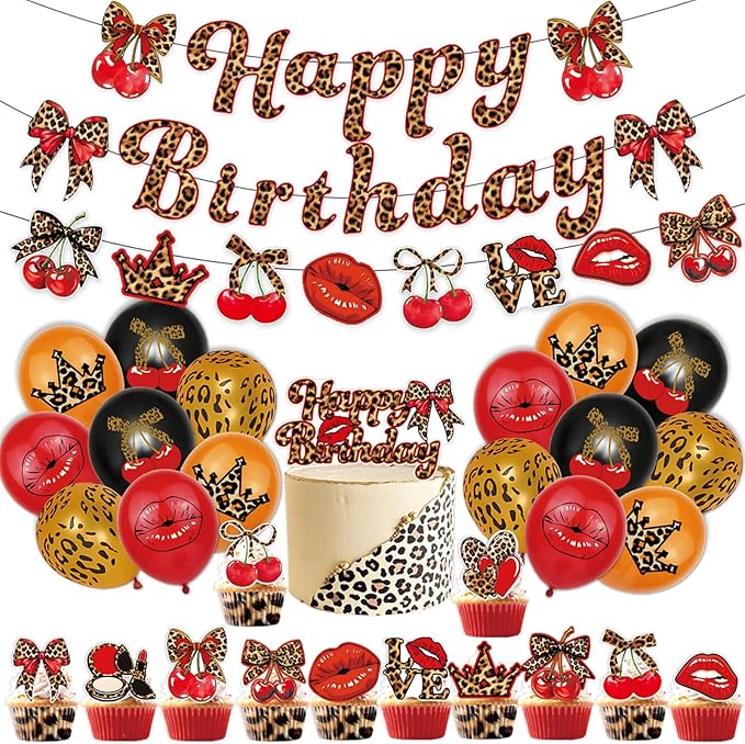 32pcs Cheetah Print Birthday Decorations with Cherry Leopard Bow Red Lips Happy Birthday Banner Balloons Cake Cupcake Topper for Safari Jungle Theme Party Decor Supplies