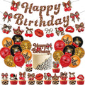 32pcs Cheetah Print Birthday Decorations with Cherry Leopard Bow Red Lips Happy Birthday Banner Balloons Cake Cupcake Topper for Safari Jungle Theme Party Decor Supplies