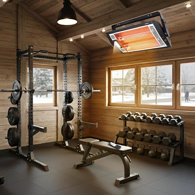 Shinic Electric Garage Heaters with Remote Control, 1500W/750W Ceiling Mounted Radiant Quartz Heater with Work Light, 90° Rotation, 5 Mode Settings, Electric Heater for Garage, Shop, Patio Large Room
