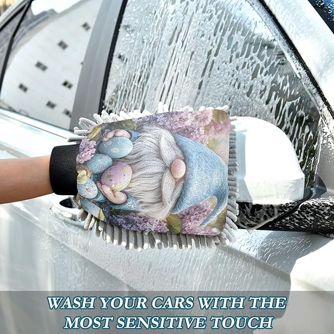 Wash Mitt for Car Washing Cute Easter Gnome Colorful Eggs Sponge Car Cleaning Kit Mitts Scratch Free Absorbent Chenille Microfiber, Medium x 2 Pack
