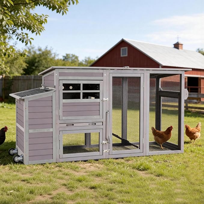 Aivituvin Chicken Coop Hen House, Large Outdoor Wooden Poultry Cage with Ramps, Run, Nesting Box, Removable Tray, Weather-Proof Chicken Cage (Grey, AIR31)