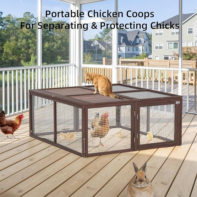 Portable Chicken Run Rabbit Hutch Folding Chicken Cage for Indoor/Outdoor,Top & Side Opening Doors Small Animal Pet Playpen No Assembly Required Poultry Pen 45"x 42"x 20" (Brown)