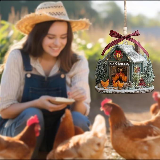 Chicken Ornaments for Christmas Tree 2025 - Farmhouse Decorations Gifts for Chicken Lovers, Farmers, Women, Men - 2D Flat Chicken House Farm Wooden Ornament