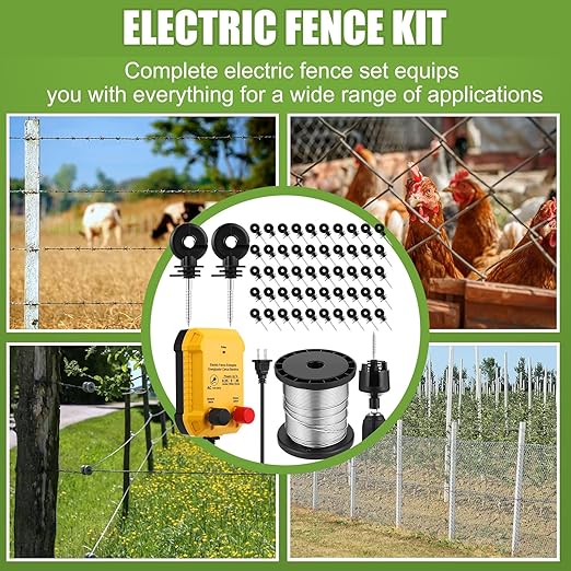 Electric Fence for Preventing Animals Intruding 2 Mile 110VAC 0.25 Joule Electric Plug in Fence, 50 Black Insulator and 1 Socket Tool 250ft Aluminum Wire for Animals and Keep Out Predators