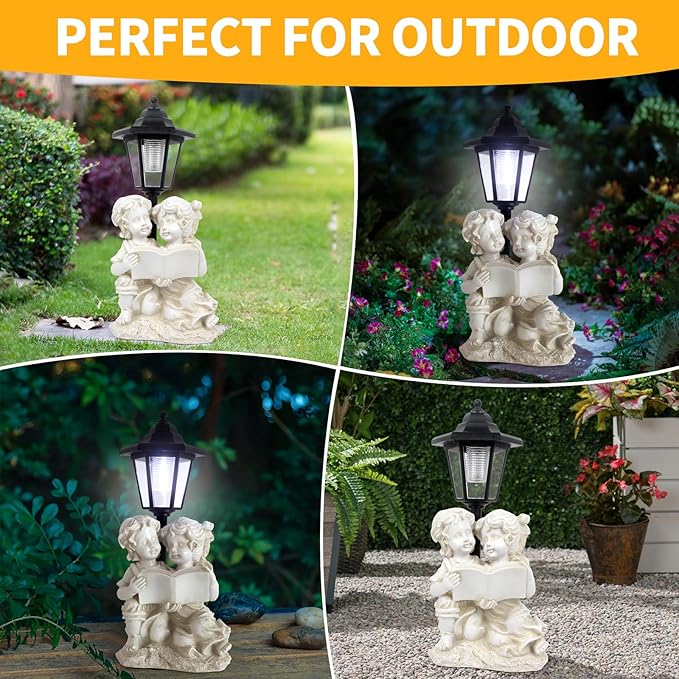 Garden Boy&Girl Decor Outdoor, Outdoor Statues with Solar Powered Lantern for Outside Patio Yard Backyard Gifts for Mother's Day Birthday Housewarming