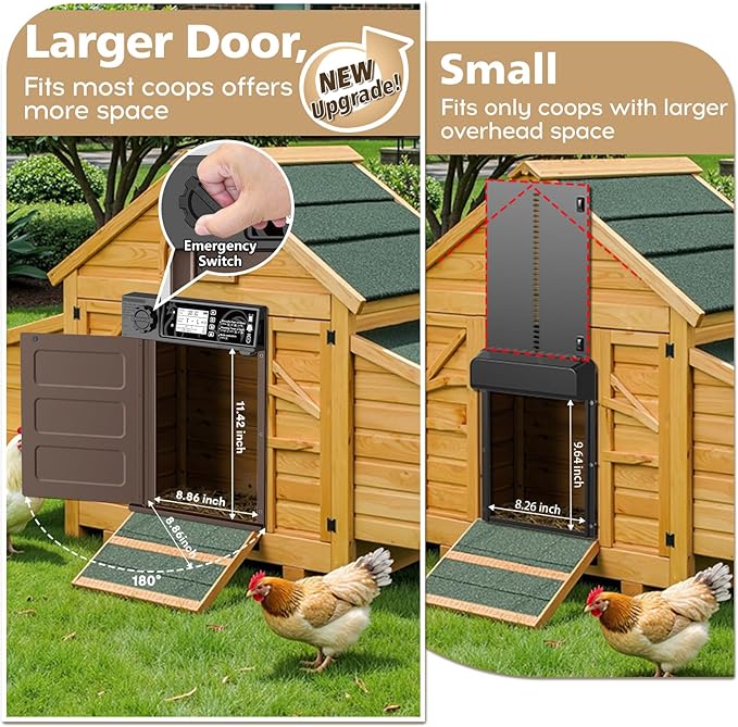 Large Size Automatic Chicken Coop Door Solar - Powered Auto Chicken Door Opener, Automatic Chicken Door with Timer/Light Sensor Modes, Intelligent Obstacle Sensors, Remote Control, 14.76"H x 11.02"L
