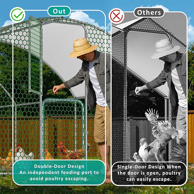 Large Metal Chicken Coop, Walk-in Chicken Run with Feeding Door, Security Lock and Cover, Outdoor Duck/Rabbit Cage Poultry Pen for Backyard, Farm, Yard (Silver - Dome Roof, 26.2 x 9.8 x 6.6 FT)