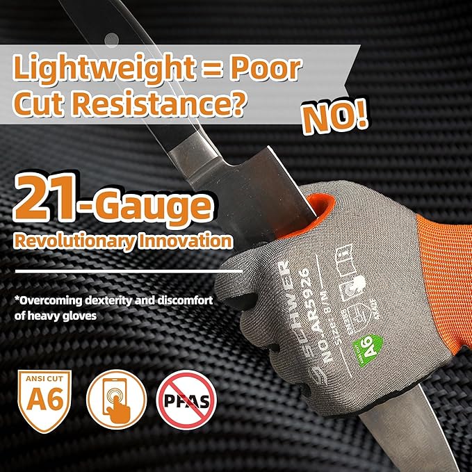 Schwer A6 AIR-SKIN Cut Resistant Work Gloves, Comfortable & Breathable, 21-Gauge Seamless Knit Flexible Safety Working Gloves with Grip for Refined Tasks, Touch-screen, 1 Pair, M, AR5926