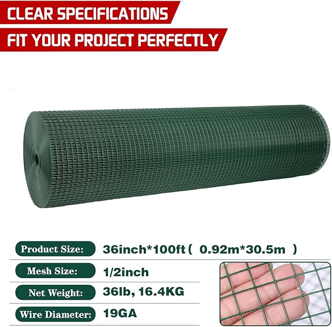 Hardware Cloth 1/2inx36inx100ft,Chicken Wire Fencing,Welded Wire Mesh, Vinyl PVC Coated Mesh,Coop Garden Plant for Rabbit,Snake,Rodent,Foxes,Raccoons Poultry Netting Cage Farm Protection