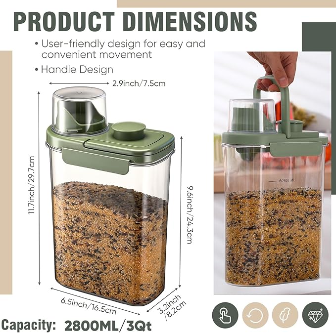 Maxdot 2 Pcs Bird Seed Storage Container 3 Qt/2.8 L with Tight Lids Airtight Cup Pet Food Storage Measuring Containers Lids with Pouring Spouts for Macaws African Grey Cockatoos (Green)