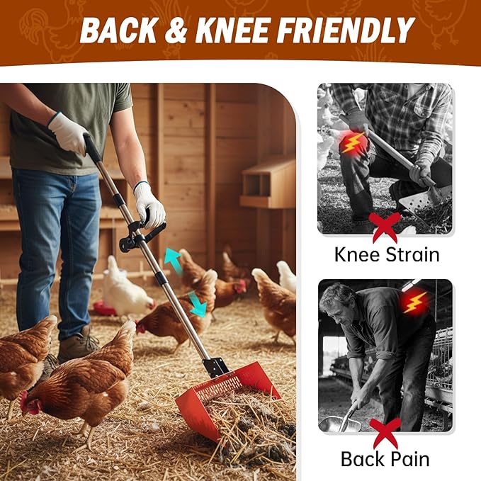 Chicken Poop Scooper for Sand, 12'' Wide 2-in-1 Chicken Coop Scooper and Rake, 36'' to 77'' Extra-Length Effort-saving Handle Chicken Coop Pooper Scooper Sifting Shovel, Chicken Coop Cleaning Tools
